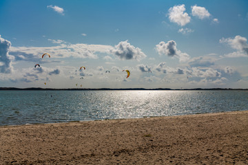 Island of Sylt, Germany. Surfspot near List with kite surfers.