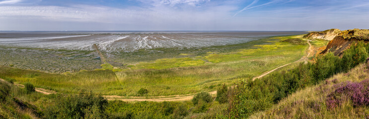 Island of Sylt, Germany. The coast and Wadden Sea at the Cliff of Morsum. panoramic view.