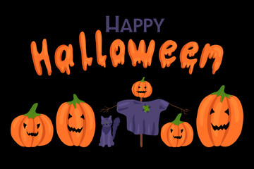 template banner for Halloween: pumpkins, Scarecrow, cat and lettering. Hand-drawn flat illustration