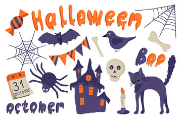 vector set of Halloween illustrations: spider, web, Raven, bone, skull, cat, bat, candy. hand drawn flat for the holiday.