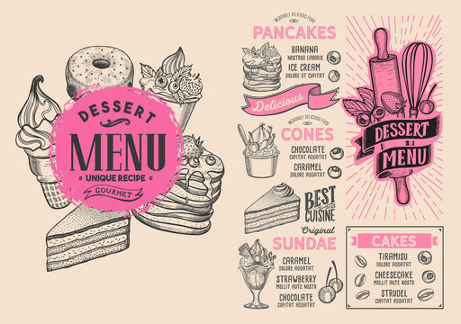 Dessert menu food template for restaurant with doodle hand-drawn graphic.