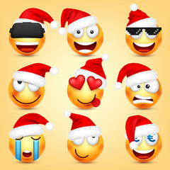 Emoticon vector set. Yellow face with emotions and Christmas hat. New Year, Santa. Winter emoji. Sad, happy, angry faces. Funny cartoon character mood. 