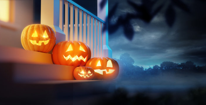 A group of pumpkin Jack O Lanterns decorating a porch on Halloween. 3D illustration.