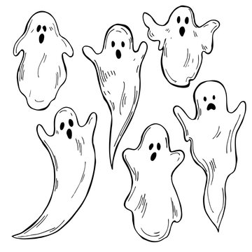  Hand drawn  cute halloween  ghosts on white background. Vector sketch illustration.