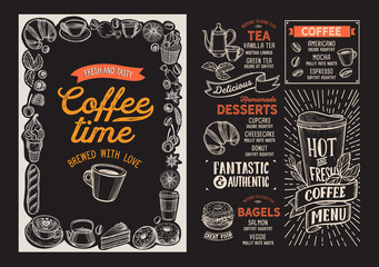 Coffee drink menu template for restaurant with doodle hand-drawn graphic.