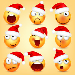 Emoticon vector set. Yellow face with emotions and Christmas hat. New Year, Santa. Winter emoji. Sad, happy, angry faces. Funny cartoon character mood. 