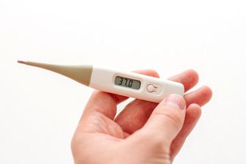 digital thermometer with a reading of 37 degrees in hand on a white background