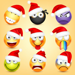 Emoticon vector set. Yellow face with emotions and Christmas hat. New Year, Santa. Winter emoji. Sad, happy, angry faces. Funny cartoon character mood. 