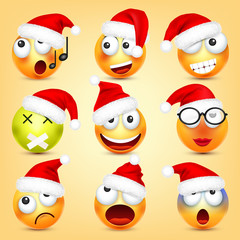 Emoticon vector set. Yellow face with emotions and Christmas hat. New Year, Santa. Winter emoji. Sad, happy, angry faces. Funny cartoon character mood. 