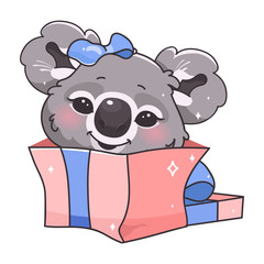 Cute koala kawaii cartoon vector character. Adorable and funny smiling animal in gift box isolated sticker, patch. Anime baby koala present, birthday surprise emoji on white background