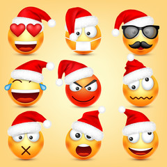 Emoticon vector set. Yellow face with emotions and Christmas hat. New Year, Santa. Winter emoji. Sad, happy, angry faces. Funny cartoon character mood. 