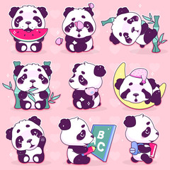 Obraz premium Cute panda kawaii cartoon vector characters set. Adorable, happy and funny animal eating watermelon, bamboo isolated sticker, patches pack. Anime baby panda bear sleeping emoji on pink background