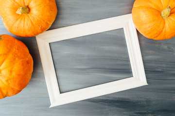 Thanksgiving season still life with orange pumpkins and with white frame for picture over rustic gray wood background Thanksgiving and Halloween concept. Copy space for text and design