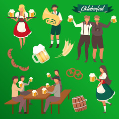 Fototapeta premium Oktoberfest flat vector illustrations set. Visitors with cups of alcohol. Waiters in national costumes stickers. Barrel and barley. Musician with trumpet. Beer Festival isolated cartoon characters