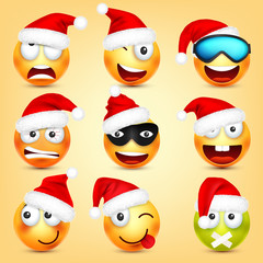 Emoticon vector set. Yellow face with emotions and Christmas hat. New Year, Santa. Winter emoji. Sad, happy, angry faces. Funny cartoon character mood. 