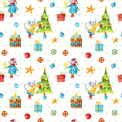 Watercolor bright seamless pattern with cute mice, gifts and candles in a vintage style in red, green and gold colors. Can be used as Christmas design for wrapping, postcards, and textile