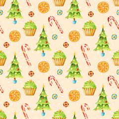 Watercolor bright seamless pattern with candies, Christmas tree, and cupcake in red, green and gold colors. Can be used as Christmas design for wrapping, postcards, or textile