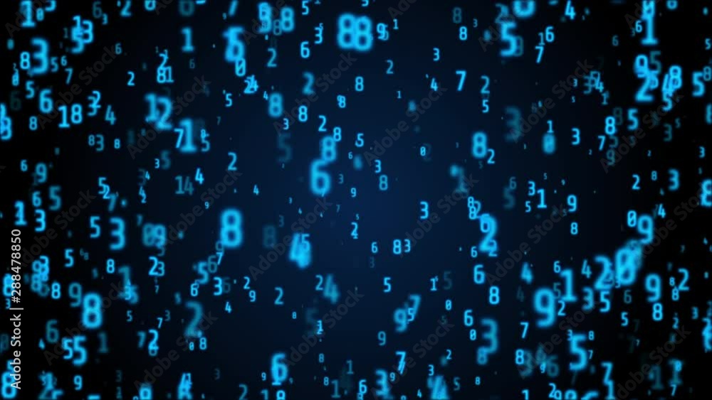 Fototapete Digital Number Technology 4K Motion Computing Running Developer Program Code Motion Background. 3D Graphic Binary Encoding Decimal Statistics Algorithm Row Matrix Concept Display.
