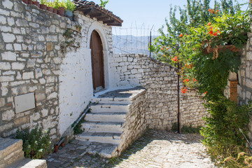 street in old town stone courtyard in Berat Fortress, Albania, Balkans
