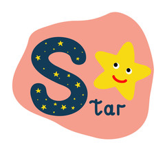 English alphabet for children education, letter S uppercase with word, raster illustration
