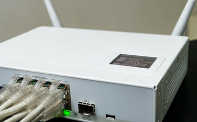Switched-on enterprise gigabit router closeup.