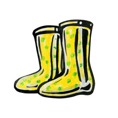 Yellow rubber boots in green peas.