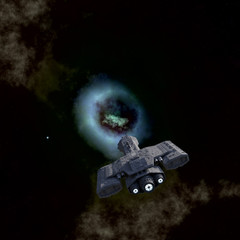 Science fiction illustration of a battle cruiser spaceship approaching a planetary nebula in deep space, 3d digitally rendered illustration © Algol
