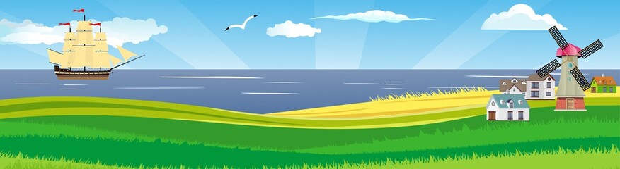 Countryside seaside vector panorama illustration