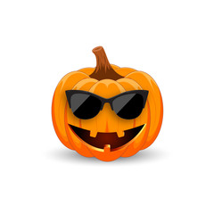 Pumpkin in black sunglasses on white background. The main symbol of the holiday Happy Halloween. Hipster orange pumpkin with smile for the holiday Halloween. Vector illustration