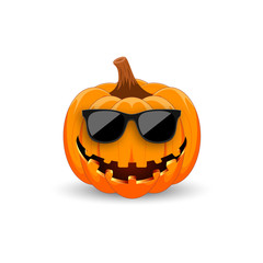 Pumpkin in black sunglasses on white background. The main symbol of the holiday Happy Halloween. Hipster orange pumpkin with smile for the holiday Halloween. Vector illustration
