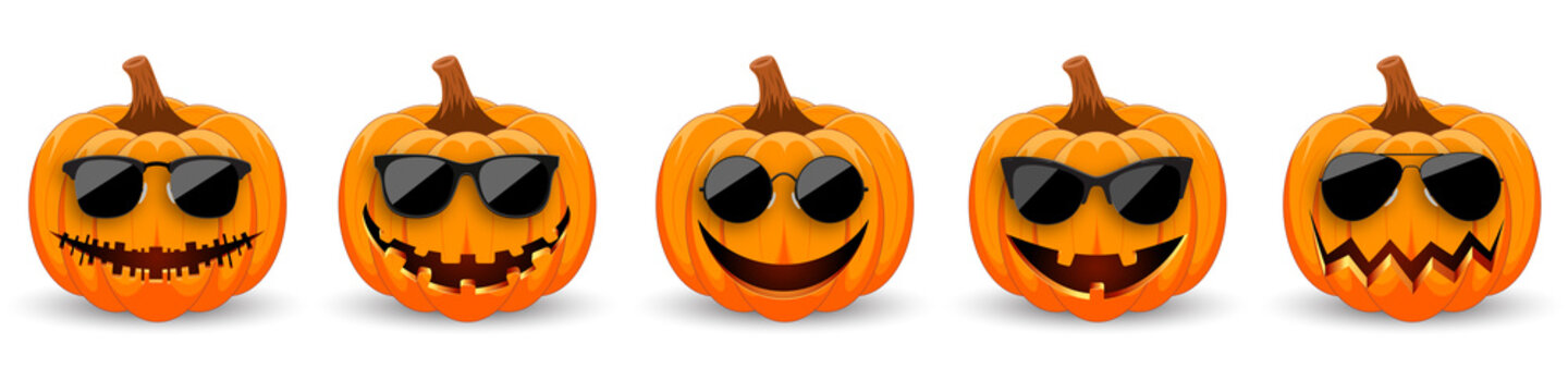 Set of Pumpkins in black sunglasses on white background. The main symbol of the holiday Happy Halloween. Hipster orange pumpkins with smile for the holiday Halloween. Vector illustration
