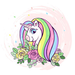 A cute unicorn in flowers is smiling. For the design of postcards, posters, printing on t-shirts and any clothes. Fashionable vector illustration.