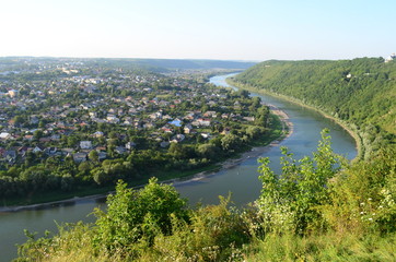 Fototapeta premium Zalishchyky town is a round island surrounded by a river