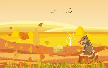 Golden autumn landscape, squirrel sits on the tomb, natural landscape vector