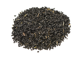 Black green onion seed on white background. 