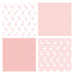 Set of four patterns with flamingo birds, hearts and stripes