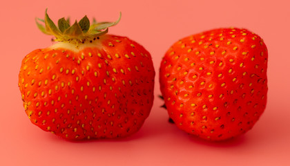Two red strawberries on a pink background
