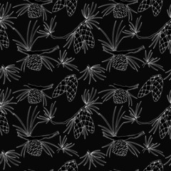 seamless pattern with branches of pine and cones in monochrome colors