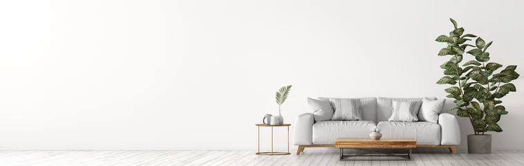 Foto op Plexiglas Interior of living room with white sofaand coffee table panorama 3d rendering © Vadim Andrushchenko