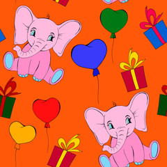 seamless pattern with elephant, balloons and gifts