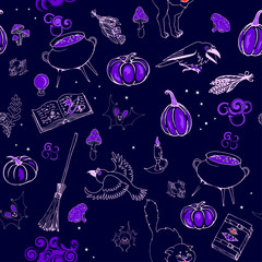 Halloween, cauldron with magic potion, ingredients and tools, pumpkins, cat, crows, seamless vector illustration