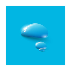 Transparent drops of water on a blue background. Freshness dew drops.