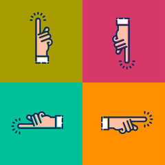 Hand icons. Hand symbol, click here. Direction to different parts of the world. Pointers.