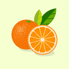 Oranges illustration. Ripe oranges juicy fruits with leaves on a light background.