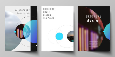 Vector layout of A4 format modern cover mockups design templates for brochure, flyer, booklet. Simple design futuristic concept. Creative background with circles that form planets and stars.