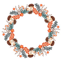 Autumn wreath or round frame with autumn leaves and mushrooms.