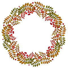 Autumn wreath with rowan berries and leaves. Vector illustration