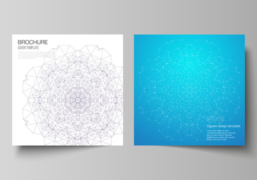 Minimal vector illustration layout of two square format covers design templates for brochure, flyer, magazine. Big Data Visualization, geometric communication background with connected lines and dots.