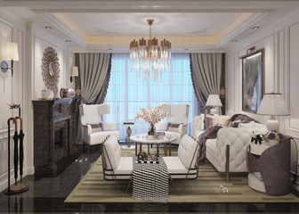 Living room interior in american style 3D illustration