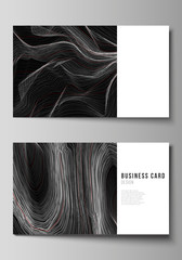 The minimalistic abstract vector illustration of the editable layout of two creative business cards design templates. 3D grid surface, wavy vector background with ripple effect.